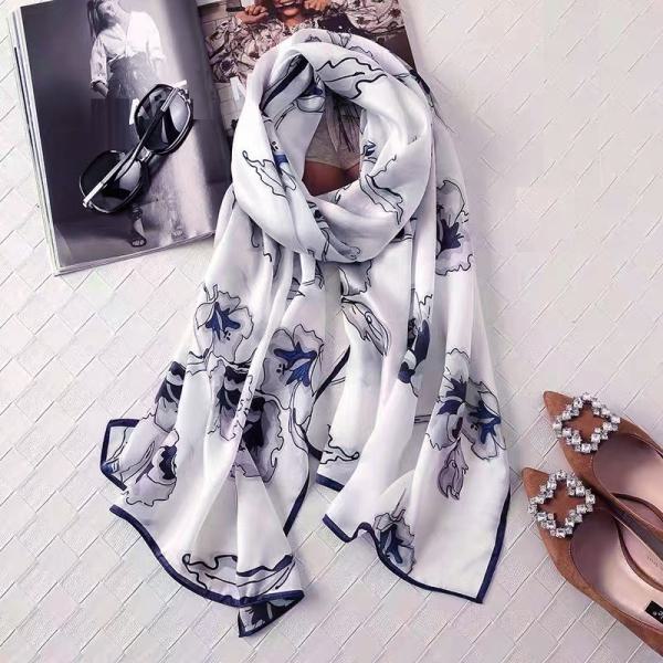 Scarf 100% Silk White Blue Flower